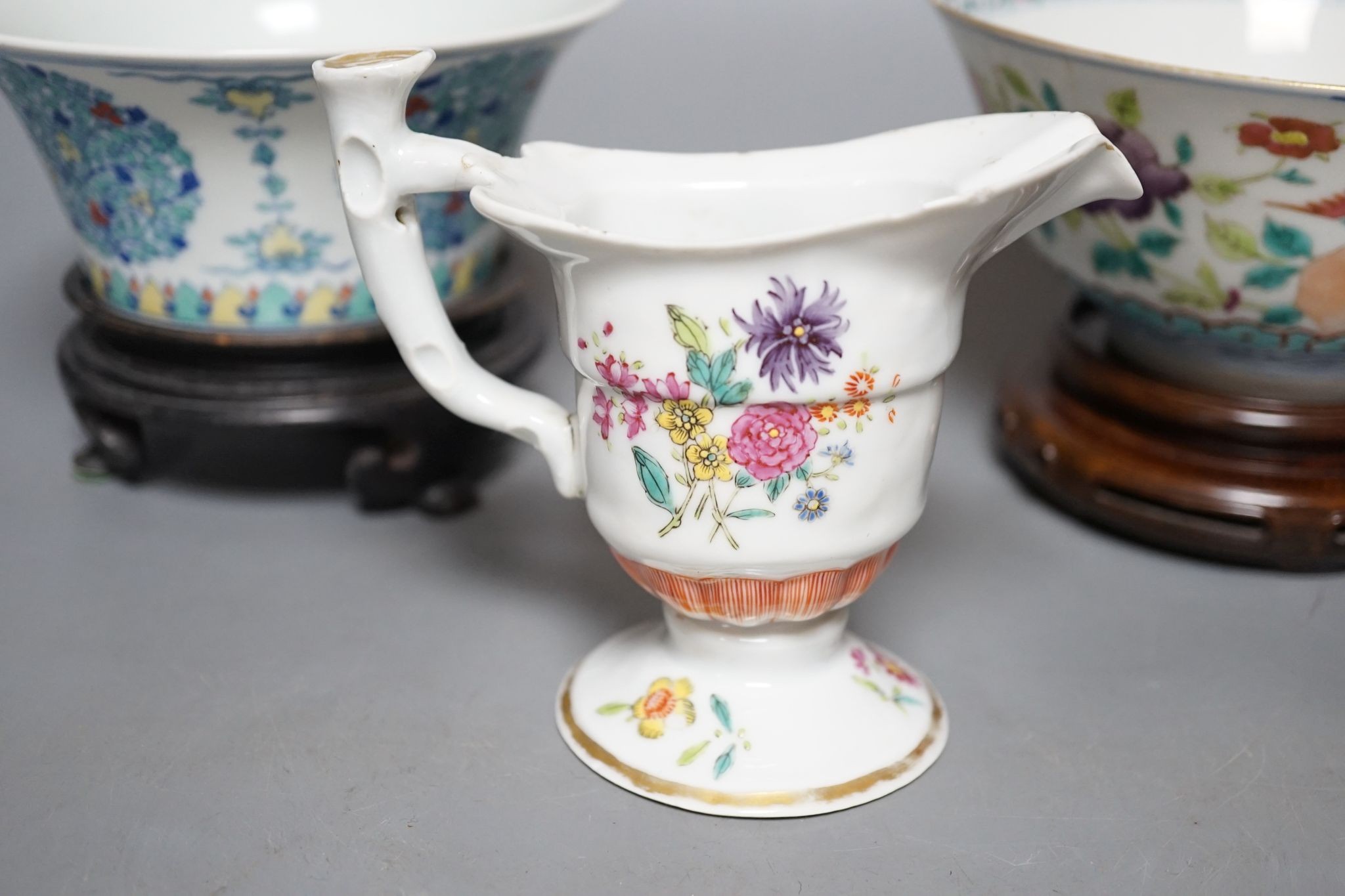 Two Chinese porcelain bowls, largest 17cm diam., and a Continental milk jug